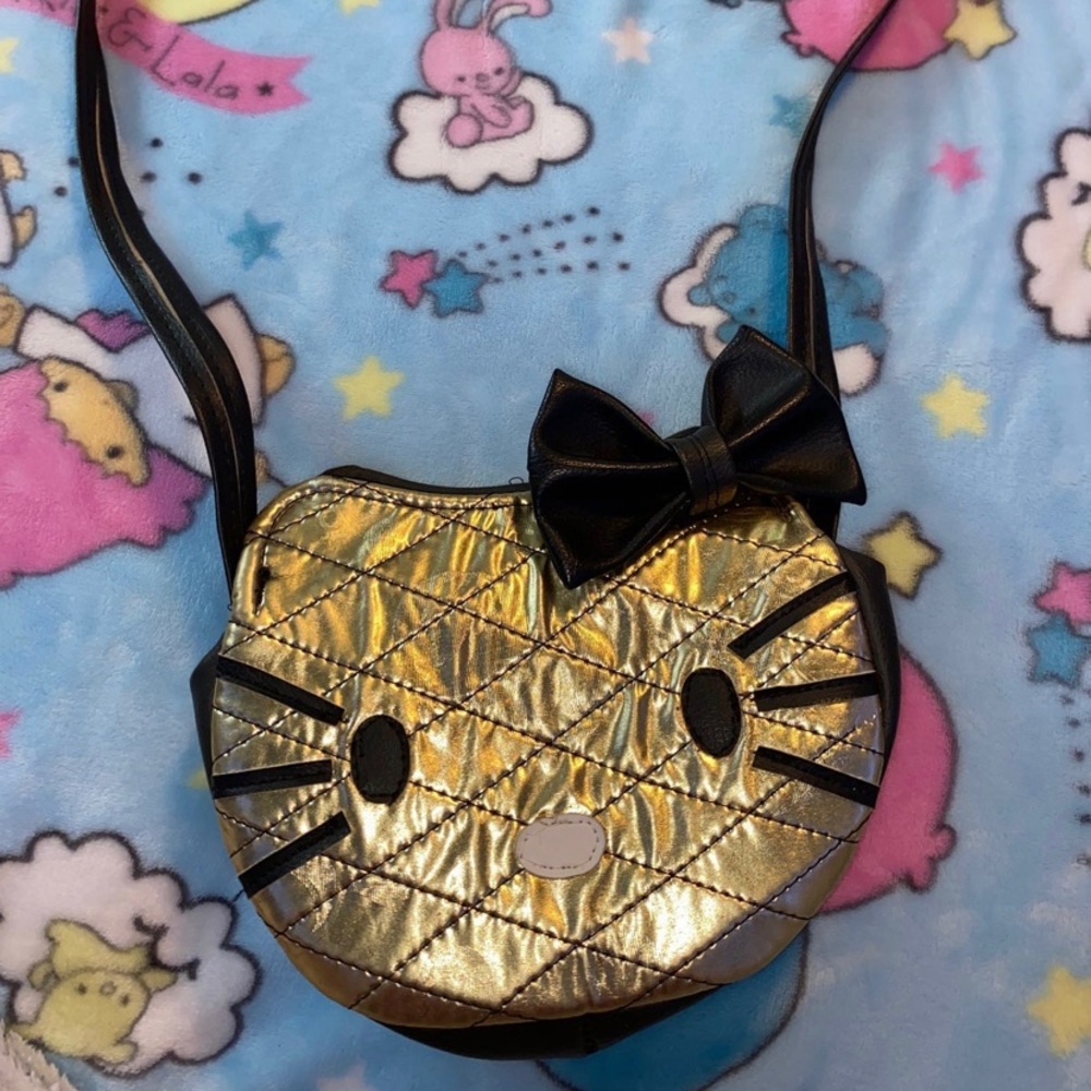 Rare Gold Hello Kitty Sanrio Purse with Black Straps + Bow
